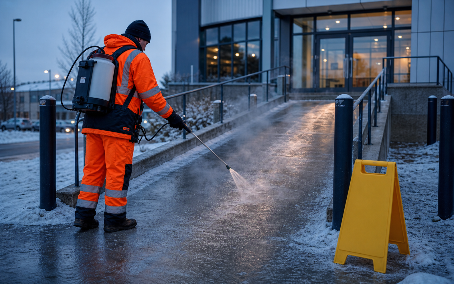 Mechanische Eisbeseitigung auf einem Gehweg