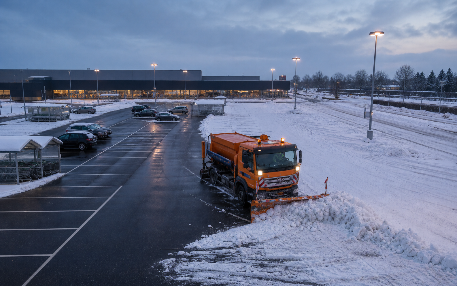 Schneepflug räumt einen großen Parkplatz