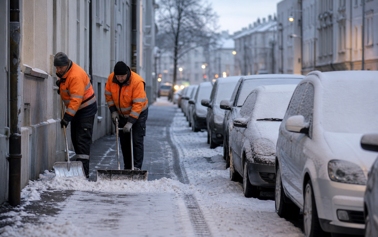 Schneepflug räumt einen Firmenparkplatz